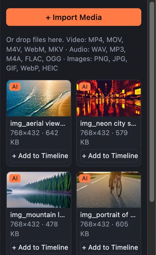 Detail of the editor overview screenshot. Kadr Studio editor with an AI-generated coastline in the preview, the title "COASTLINE" and a Whisper caption, a media library of AI-generated stills, the project inspector, and a five-track timeline of titles, captions, video, voiceover and music. The top bar has the 16:9 / 9:16 / 1:1 switch, the LOCAL / OFFLINE indicator and an interface language picker set to English.