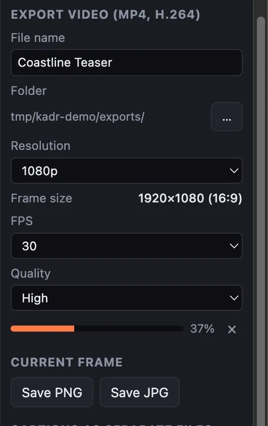 Detail of the export in progress screenshot. Export in progress at 37 percent, with an inline progress bar and a job indicator in the top bar.