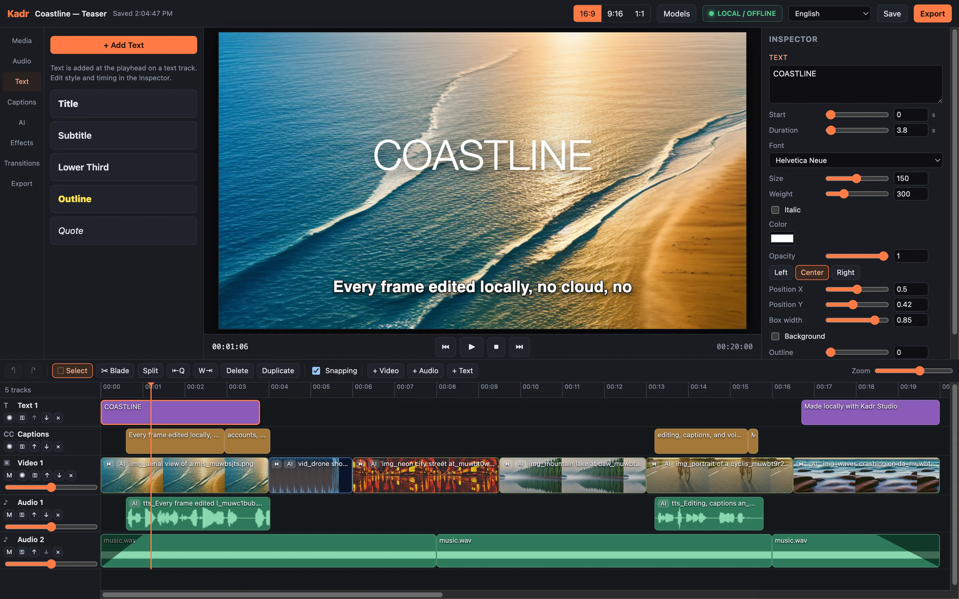 Title "COASTLINE" selected: text presets (Title, Subtitle, Lower Third, Outline, Quote) on the left, and font (Helvetica Neue), size 150, weight 300, colour, alignment and position in the inspector.